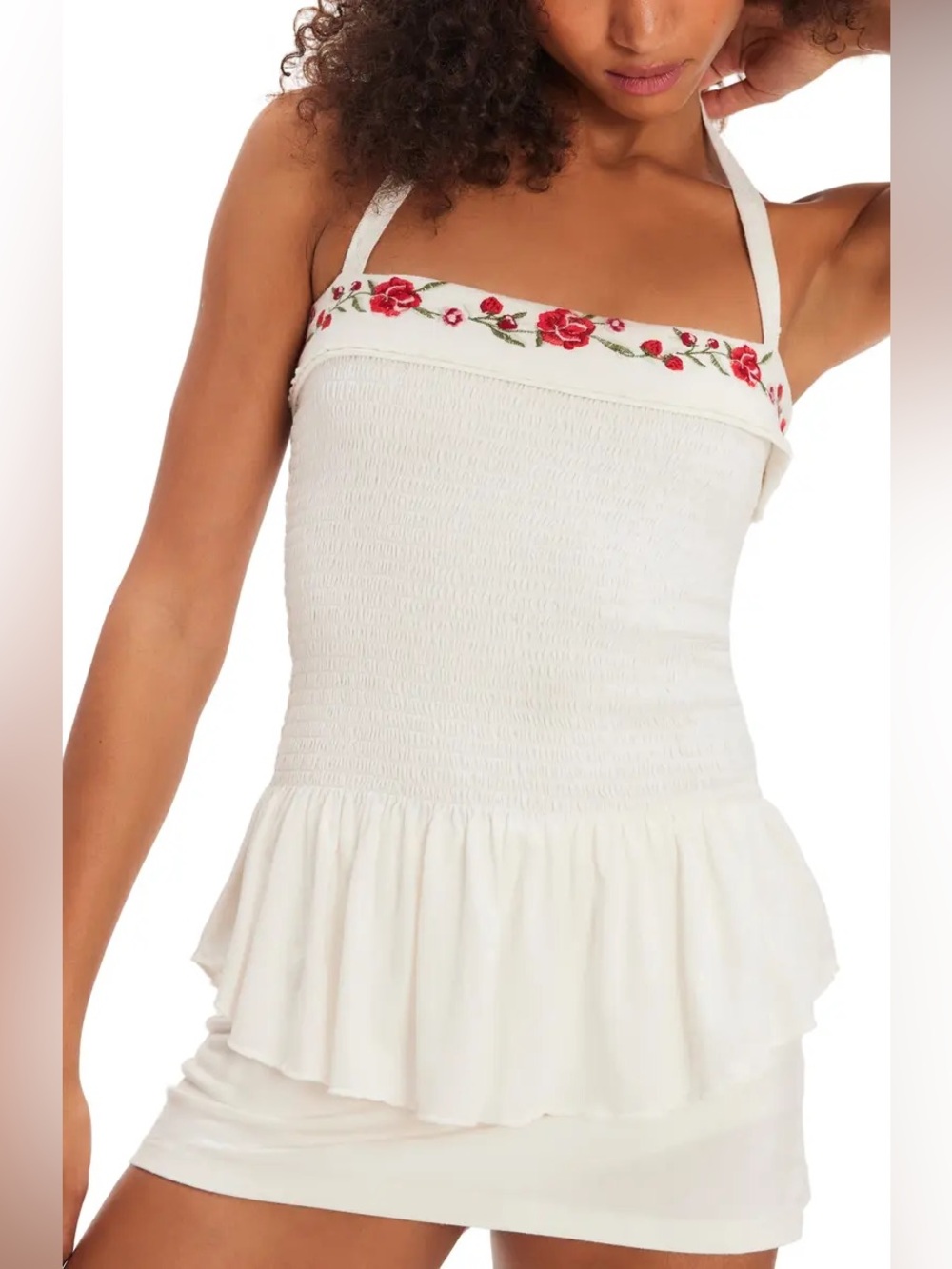Free People Alee Smocked Top halter neck Cotton white floral embroidery